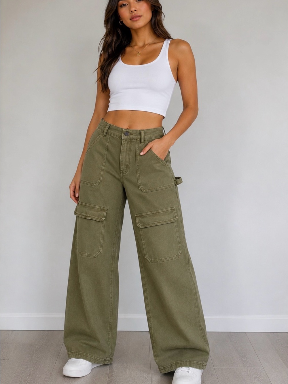 Fashion Nova Olive Wide-Leg Cargo Jeans